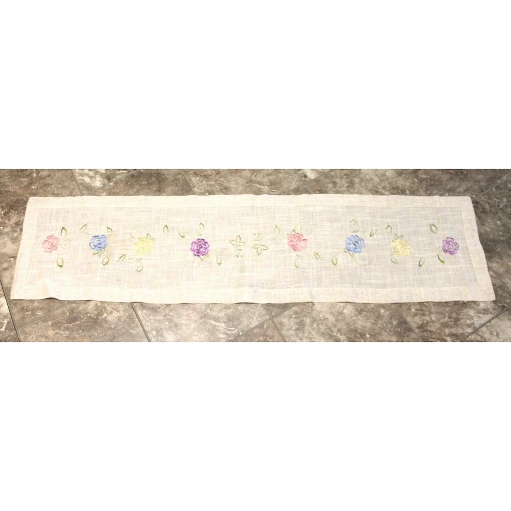 Natural Linen Taupe Embroidered Cutwork Floral Table Runner 13